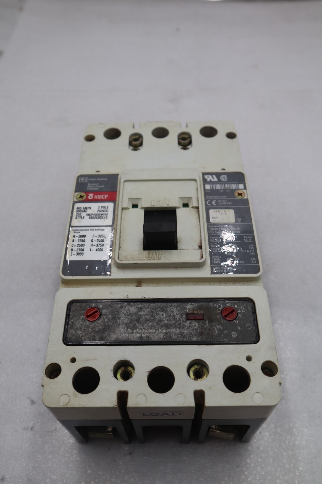 Used CUTLER-HAMMER HM2P400X5WS10 MOTOR CIRCUIT PROTECTOR SERIES C 600VAC STOCK #3218