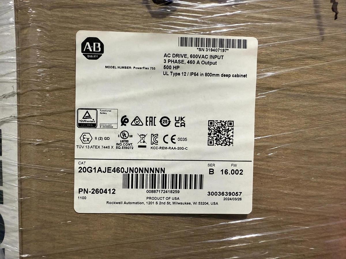 NEW ALLEN-BRADLEY MCC ENCLOSURE W/ 500HP POWERFLEX 755 DRIVE 20G1AJE460JN0NNNNN