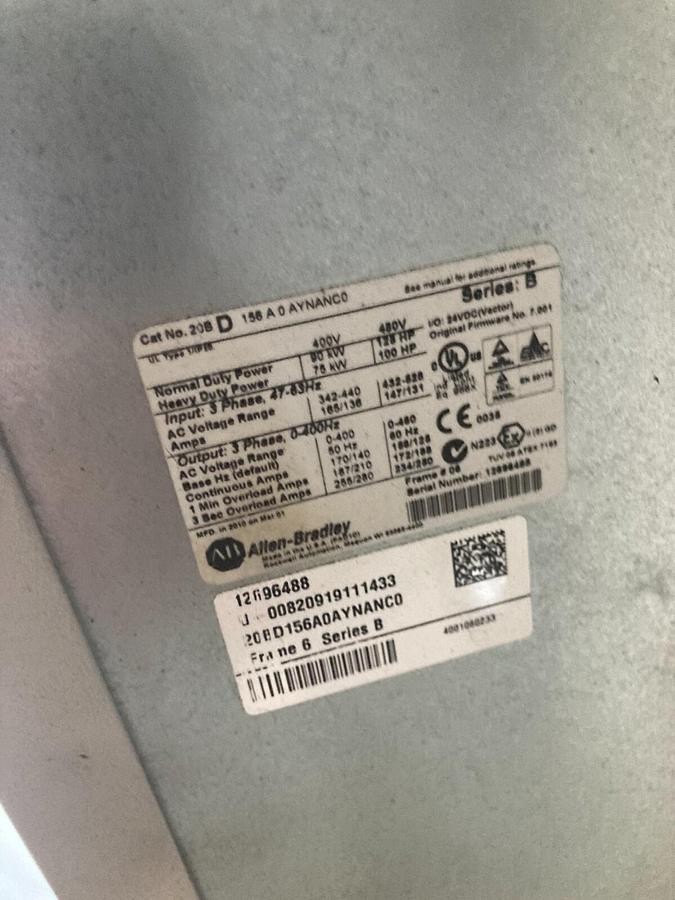Used ELECTRICAL ENCLOSURE WITH 20BD156A0AYNANC0 Allen Bradley 125HP Powerflex 700