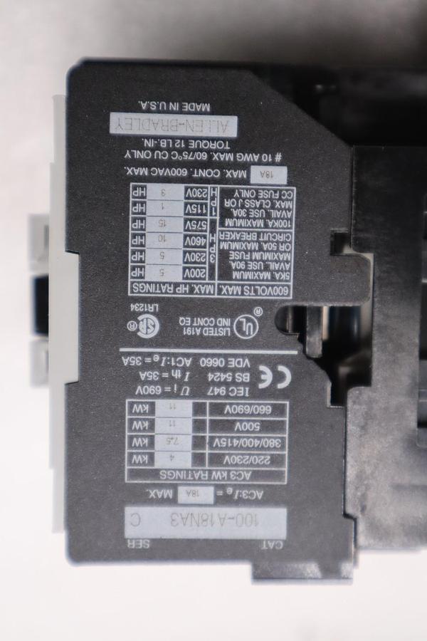 Used NEW ALLEN BRADLEY 100-A18NA3 SERIES C CONTACTOR STOCK K2085CC