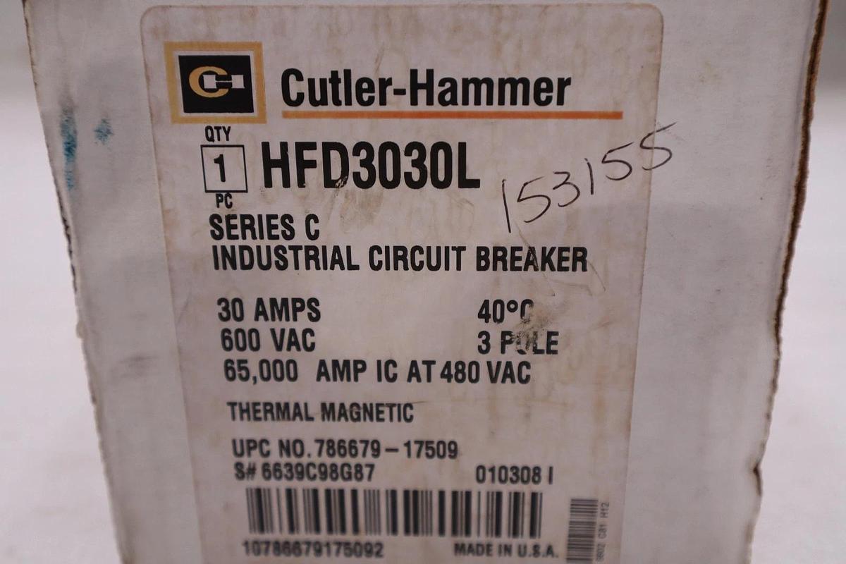 NEW OPEN BOX CUTLER HAMMER HFD3030L CIRCUIT BREAKER STK GF1105