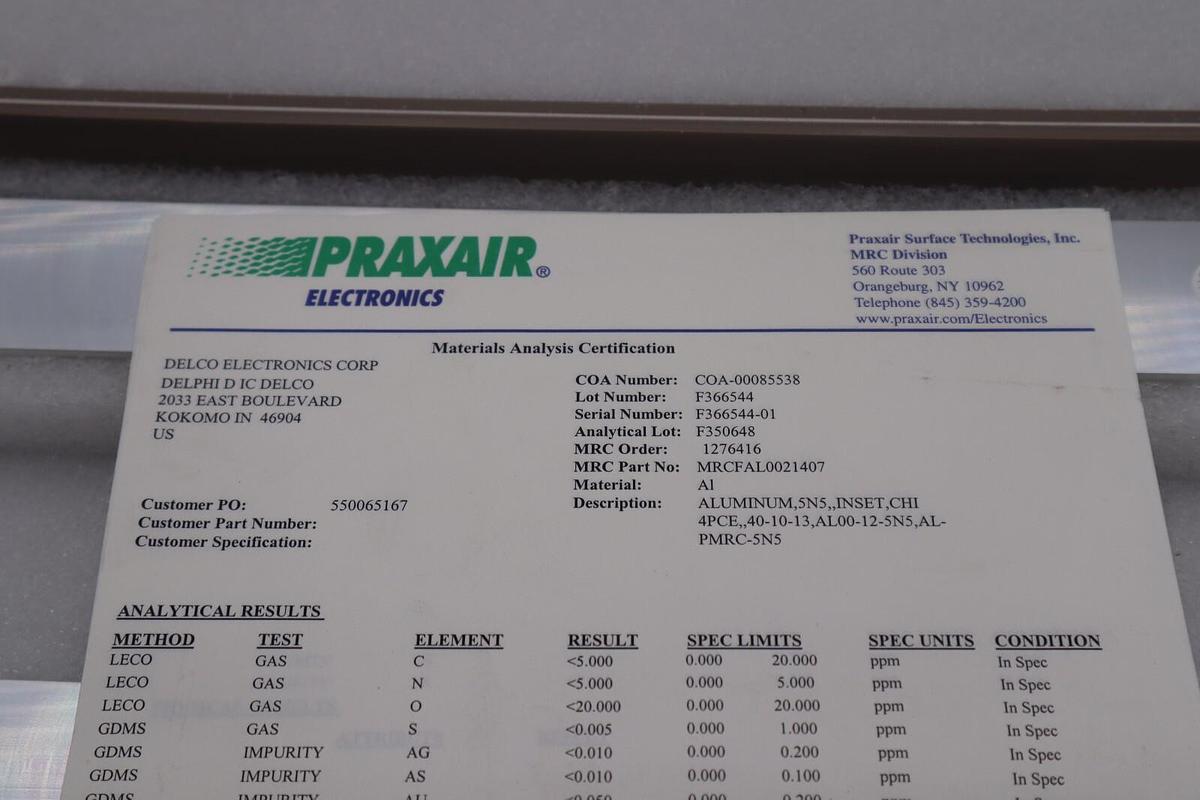 Praxair Electronics MRCFAL0021407 Aluminum, 5n5, Inset, CHI 4PCE New #2673
