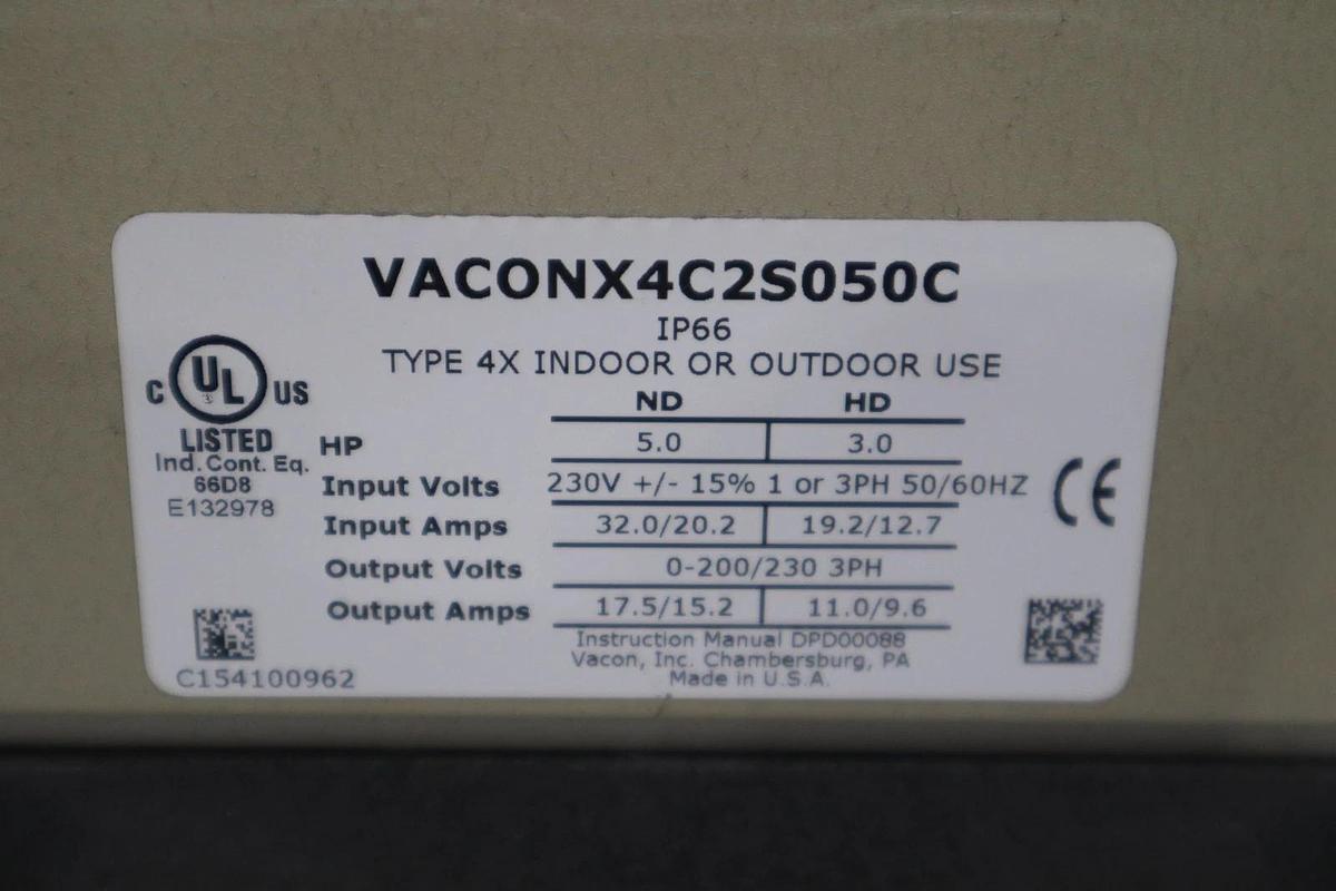 Used DANFOSS VACON X4C2S050C VARIABLE FREQUENCY DRIVE 136F0600 CONSTANT STK H1125