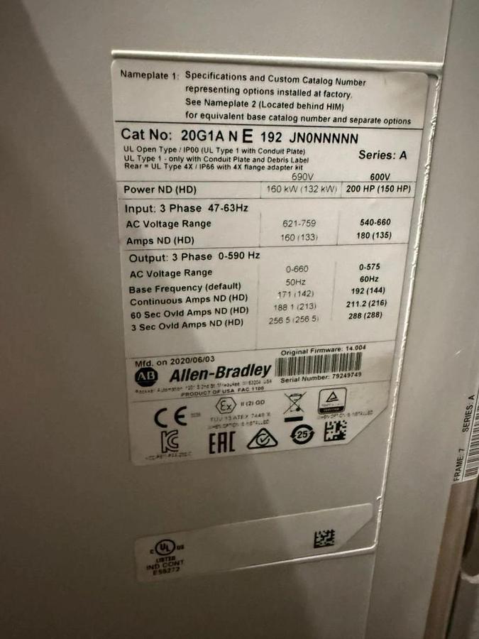 Used 200 HP ALLEN BRADLEY POWERFLEX 755 DRIVE CAT. 20G1ANE192JN0NNNNN 600V