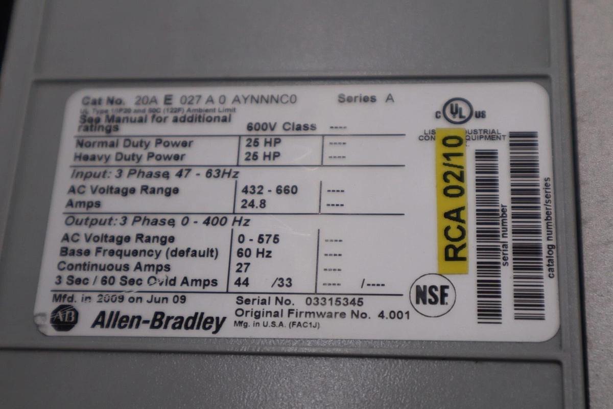 Used 25 HP Allen-Bradley 20AE027A0AYNNNC0 Series A Drive 25HP 3Ph 0-600V STOCK 1806B