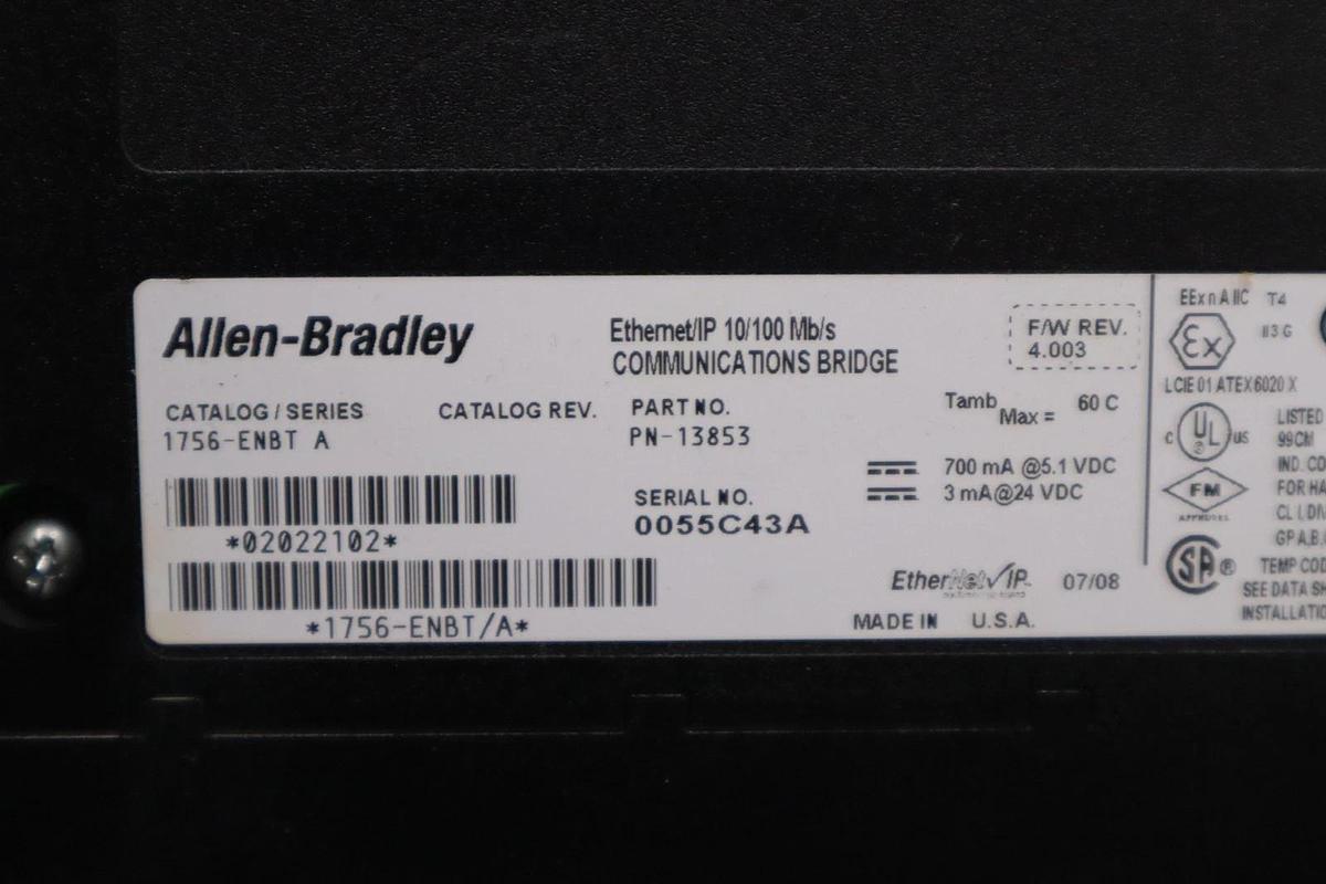 Used Allen Bradley AB 1756-ENBT Ser. A EtherNet/IP Communications Module STOCK 5341A