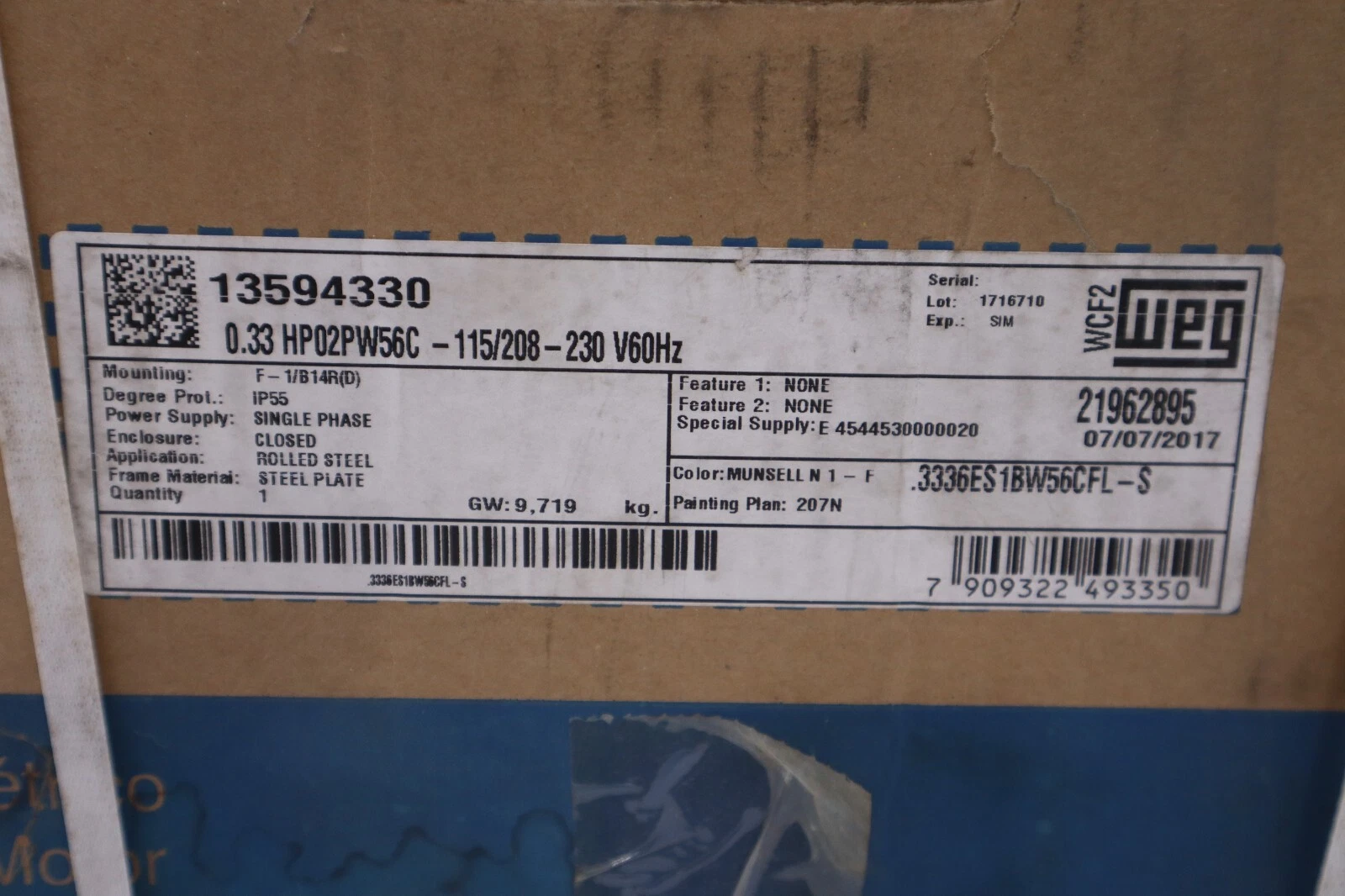 Used NEW WEG 0.33 HP02PW56C-115/208-230V 60HZ IP55 .3336ES1BW56CFL-S STOCK H176