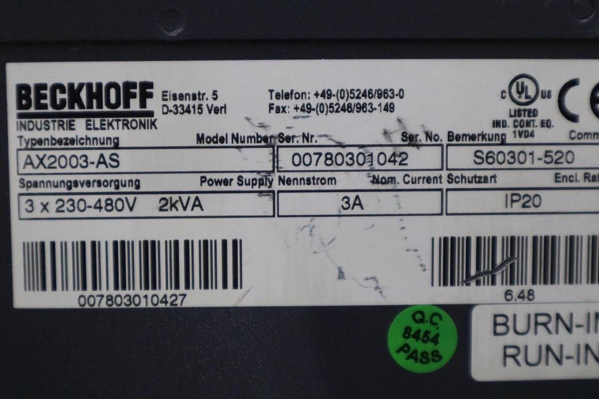 Used Beckhoff AX2003-AS S60301-520 Digital Compact Servo Drive Amplifier STK K-412-D