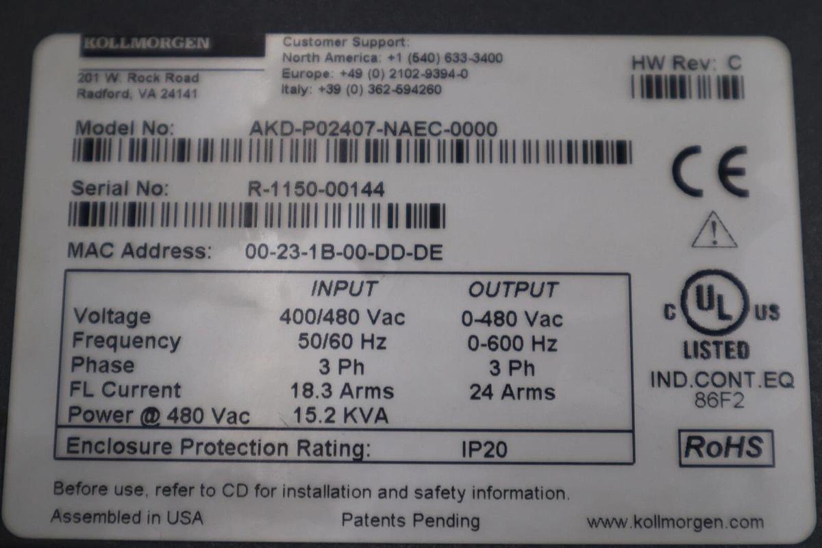 Used KOLLMORGEN AKD-P02407-NAEC-0000 AC Servo Drive Rev C STOCK 512-B
