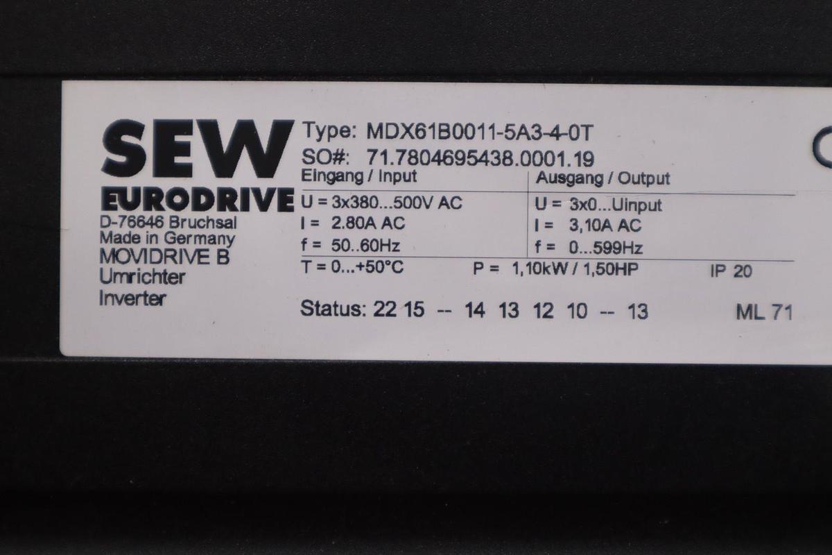 Used Sew-Eurodrive Movidrive B Series MDX61B0011-5A3-4-0T Variable Frequency Drive