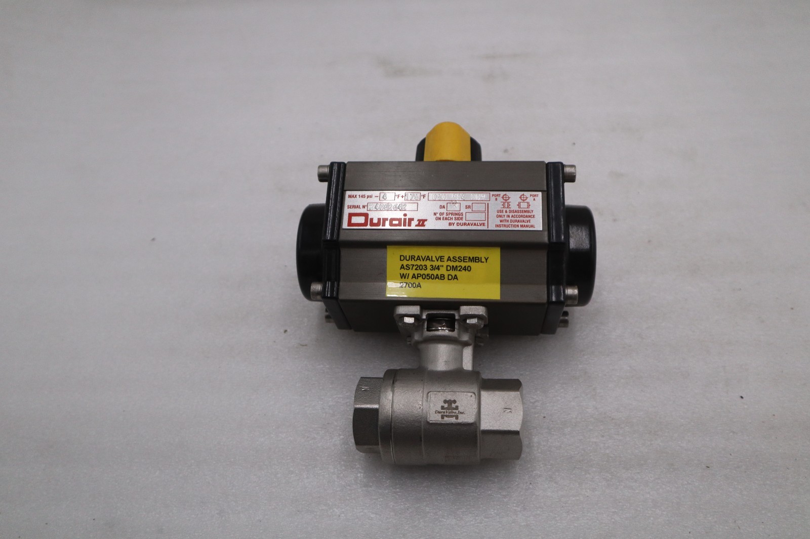 Used DuraValve Durair II AS7203 3/4" DM240 W/ AP050AB DA 2700A Actuator Valve #GF322A