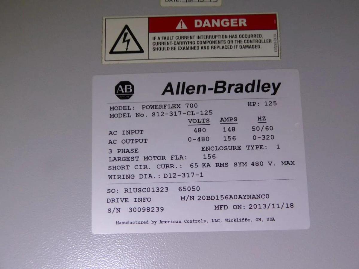 Used 20BD156A0AYNANC0 / B Allen Bradley 156 460V 125HP Powerflex 700 W/ CABINET #S610