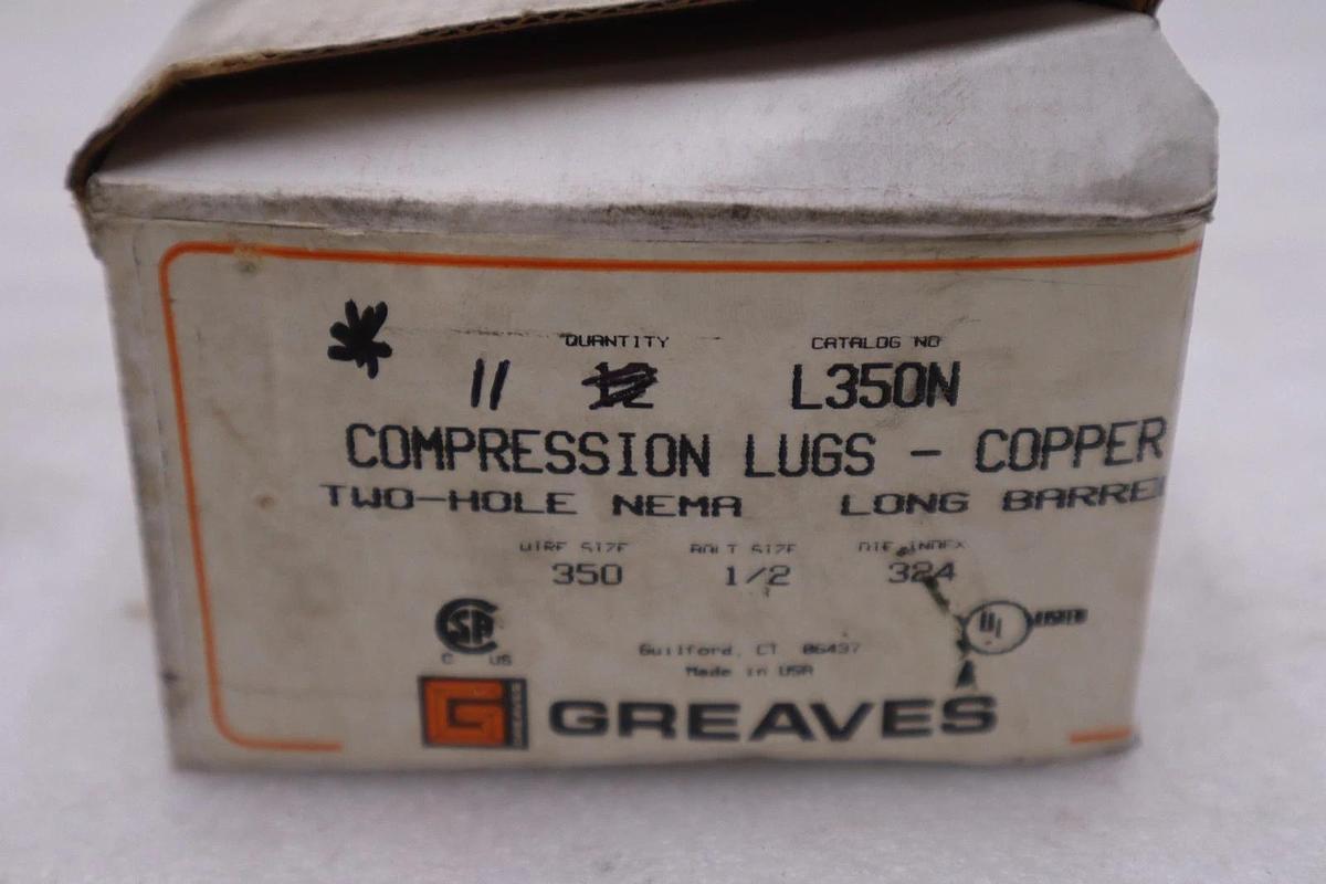 Used BOX OF 11 - GREAVES L350N Copper Compression Lugs 2-Hole - STOCK 5824A