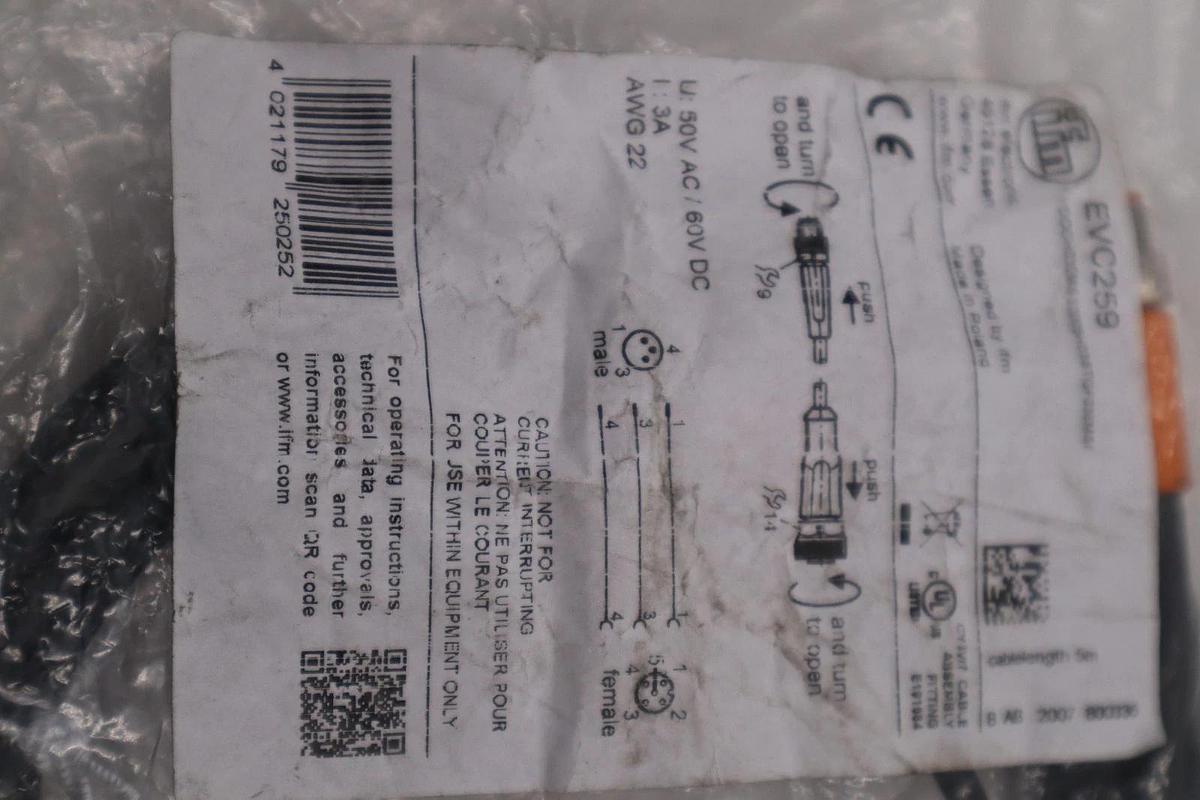 Used LOT OF 2 - IFM EVC259 Connection Cable M8 to M12 - STOCK H1398