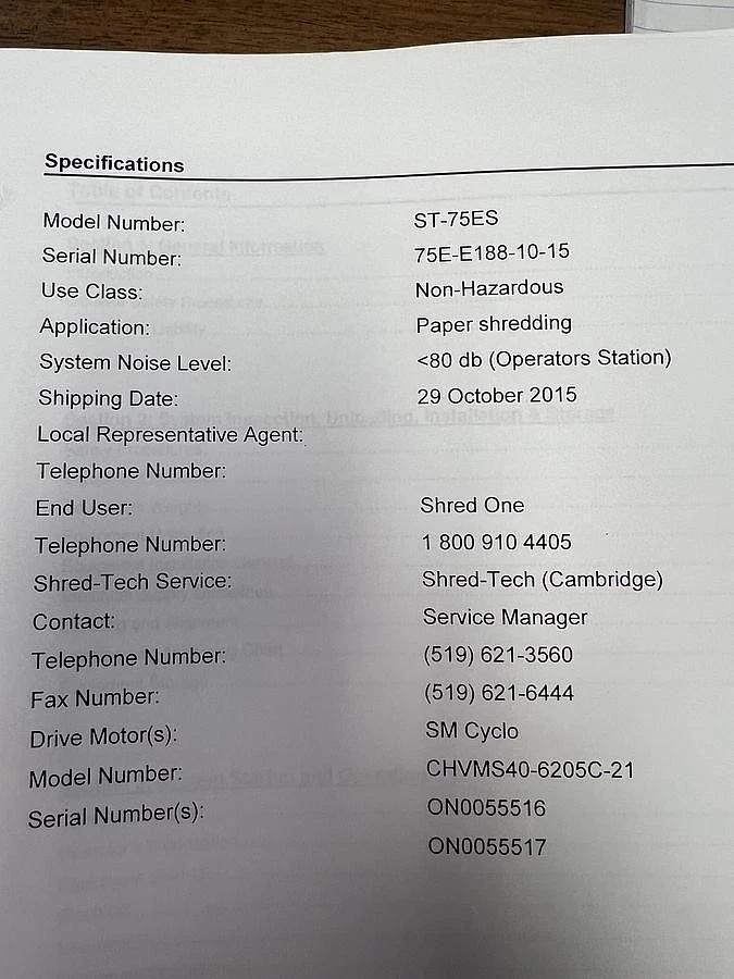 Used 80 HP (TWIN 40 HP MOTORS) SHRED-TECH MODEL ST-75ES DUAL SHAFT SHREDDER MFG. 2015