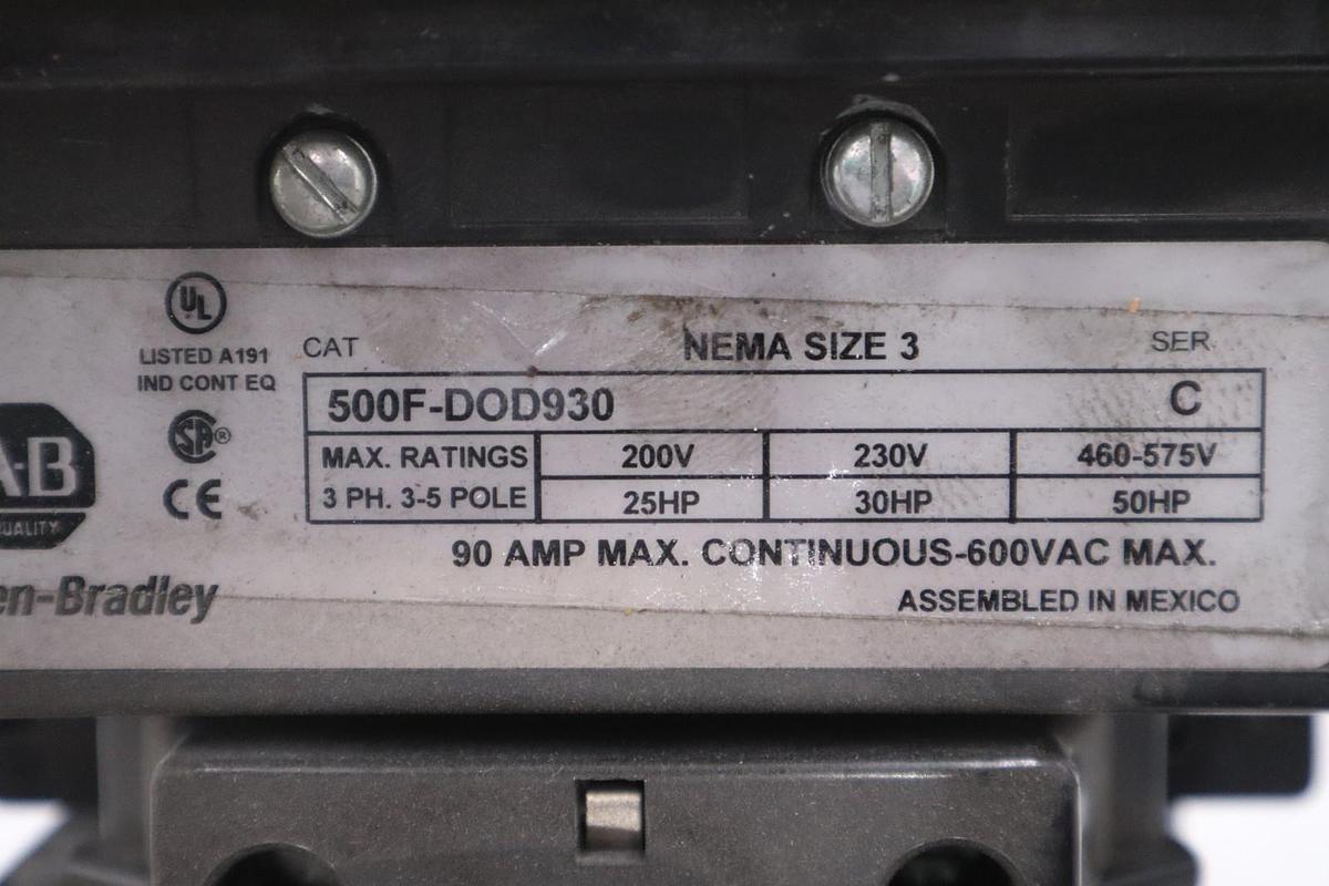 Used AB Allen Bradley 500F-DOD930 Size 3 Magnetic Contactor, 120VAC Coil 90A 3-5 Pole