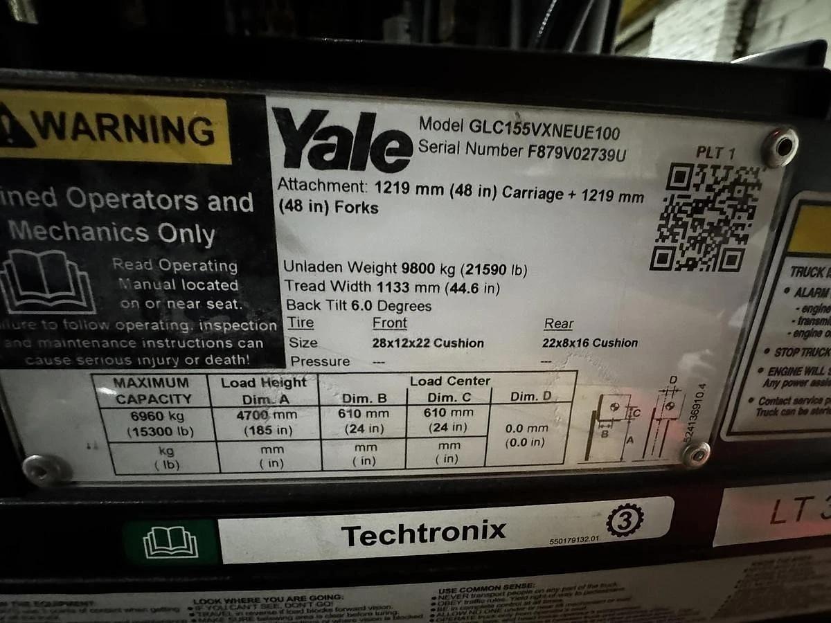 Used 15,500 POUND YALE MODEL GLC155VX FORKLIFT WITH 84" CASCADE PAPER ROLL CLAMP LOW