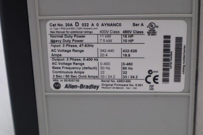 Used Allen Bradley 20AD022A0AYNANC0 /A PowerFlex 70 AC Drive 480VAC #2105-A