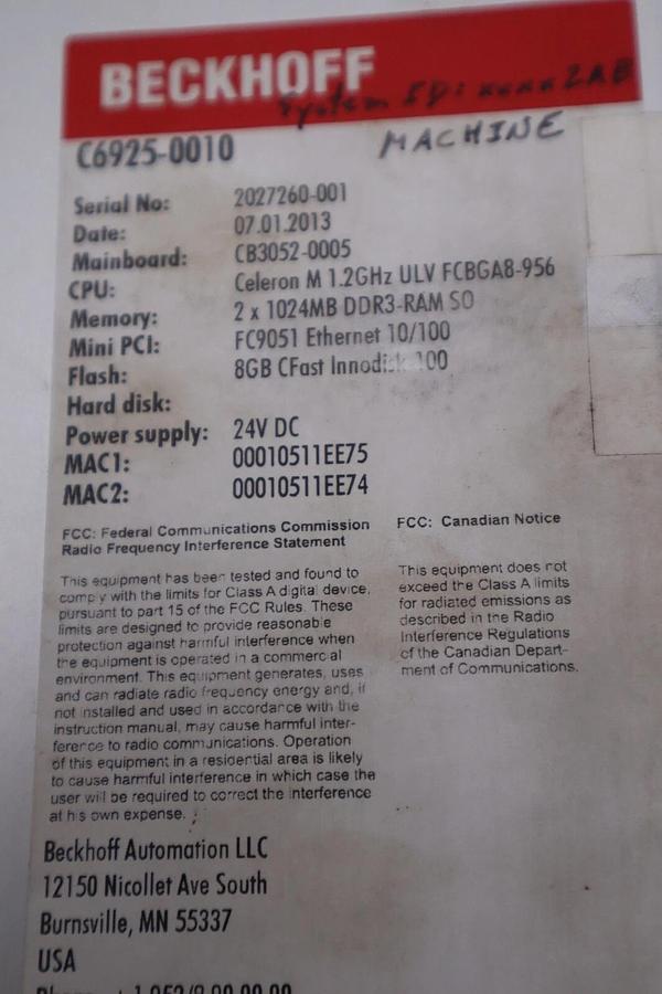 Used BECKHOFF C6925-0010 INDUSTRIAL PC CONTROL STOCK 5580-A