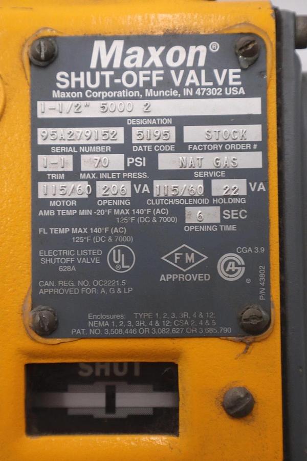 Used New Maxon 1.5" 5000 2 Natural Gas Shut Off Valve 70 PSI 115 Volt 6 Sec #M-23CC