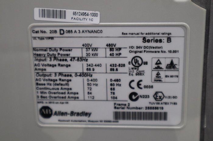 Used ALLEN BRADLEY 20BD065A3AYNANC0 POWERFLEX 700 AC DRIVE 50HP 3 PHASE STOCK 107-C