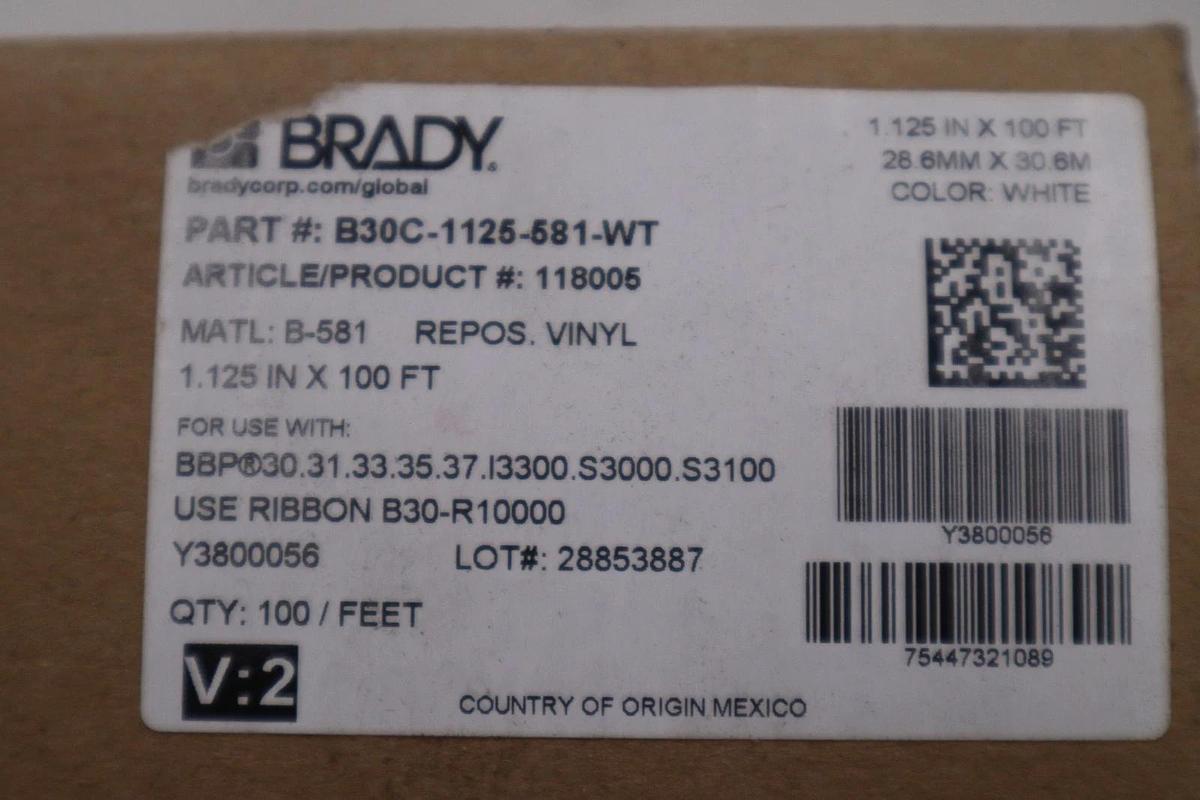Used BRADY B30C-1125-581-WT Film,White,100 ft. L,1-1/8 In - NEW IN BOX - STOCK GF1172