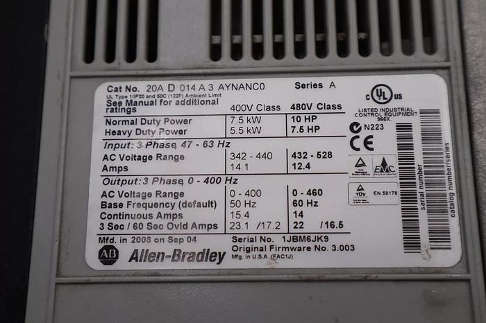 Used Allen-Bradley 20AD014A3AYNANC0 Ser A FRN 3.002 PowerFlex 70 AC Drive STOCK 2311