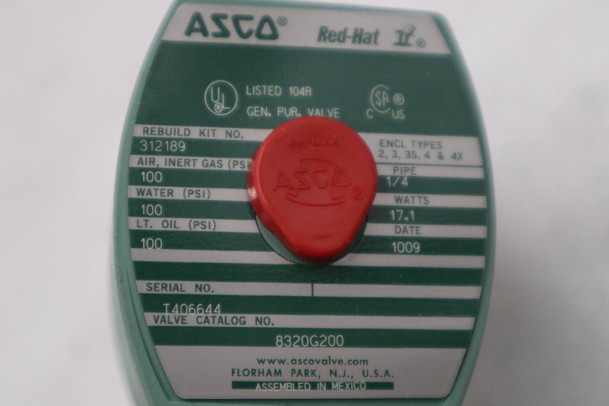 Used ASCO 8320G200 SOLENOID VALVE 1/4” NPT 100PSI 120 VALVE STK GF80A
