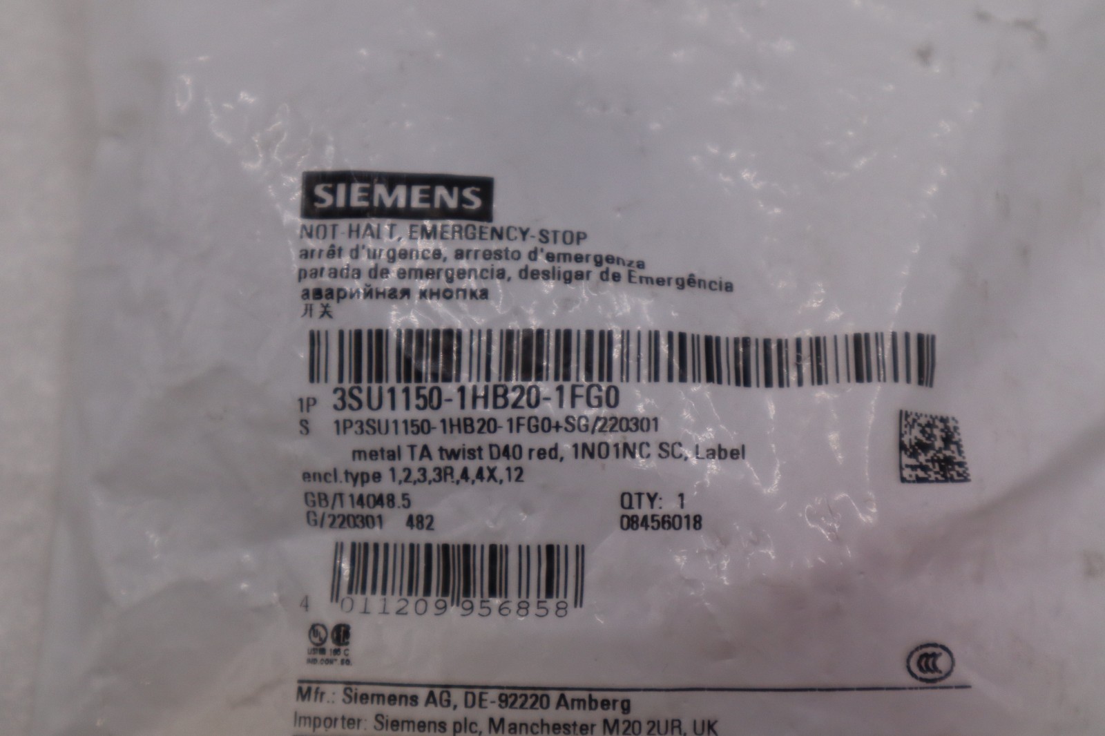 Siemens 3SU1150-1HB20-1FG0 Push Button 22Mm STOCK H1561A