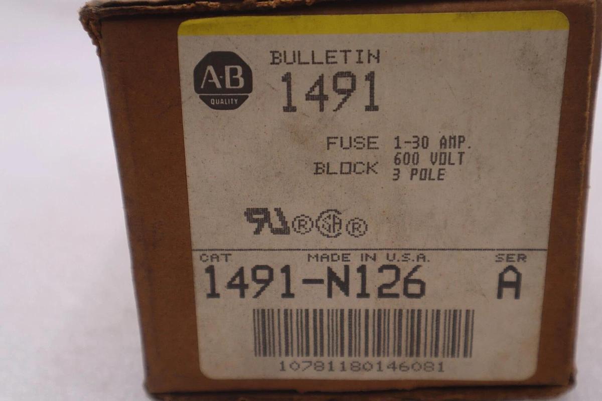 Used NOB Allen Bradley 1491-N126 SER A Fuse Block 1-30 Amp 600V 3 Pole AB STK K-3075
