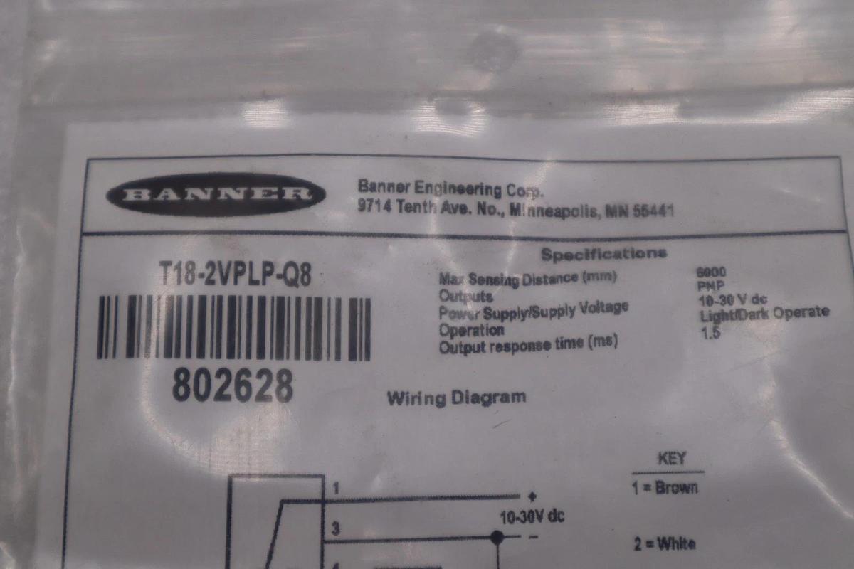 Used NEW BANNER ENGINEERING T18-2VPLP-Q8 SENSOR STOCK H1510A