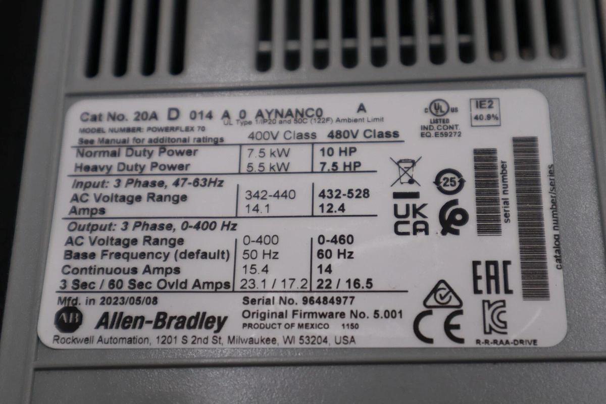 Allen Bradley 20AD014A0AYNANC0 Powerflex 70 AC Drive Normal Duty 10HP STK 5544