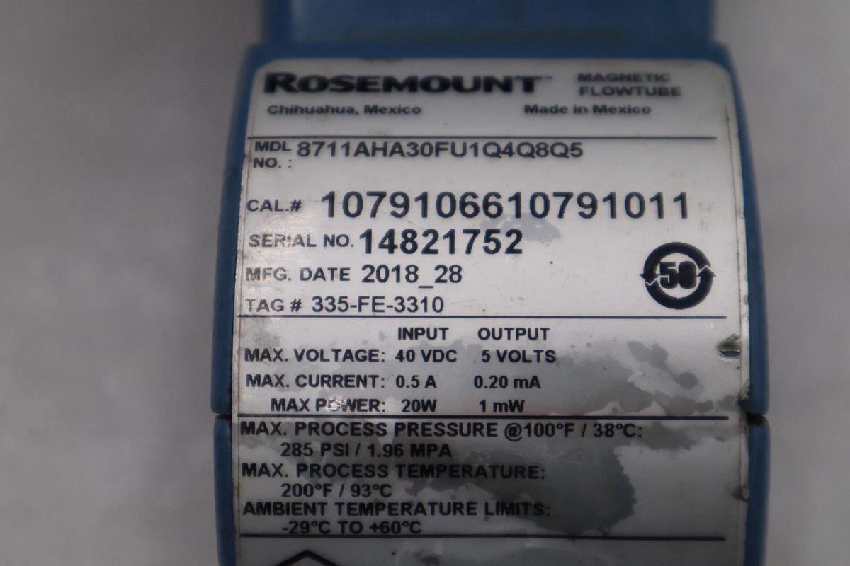 Used ROSEMOUNT 8711AHA30FU1Q4Q8Q5/ SERIAL 14821752 MAGNETIC FLOWTUBE STOCK 2583
