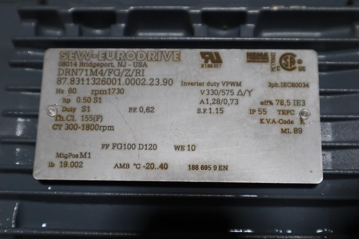 Used SEW-EuroDrive DRN71M4/FG/Z/RI Motor RPM 1730 0.50 HP - STOCK SGF69