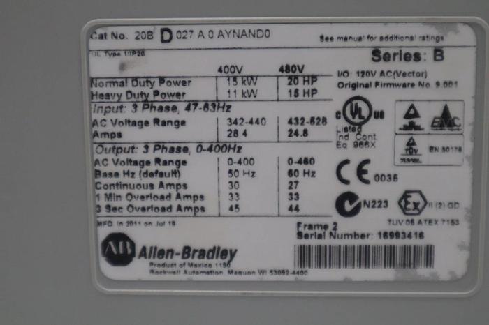 Used ALLEN BRADLEY 20BD027A0AYNAND0 SER B POWERFLEX 700 AC DRIVE 480VAC 20HP #2985-C