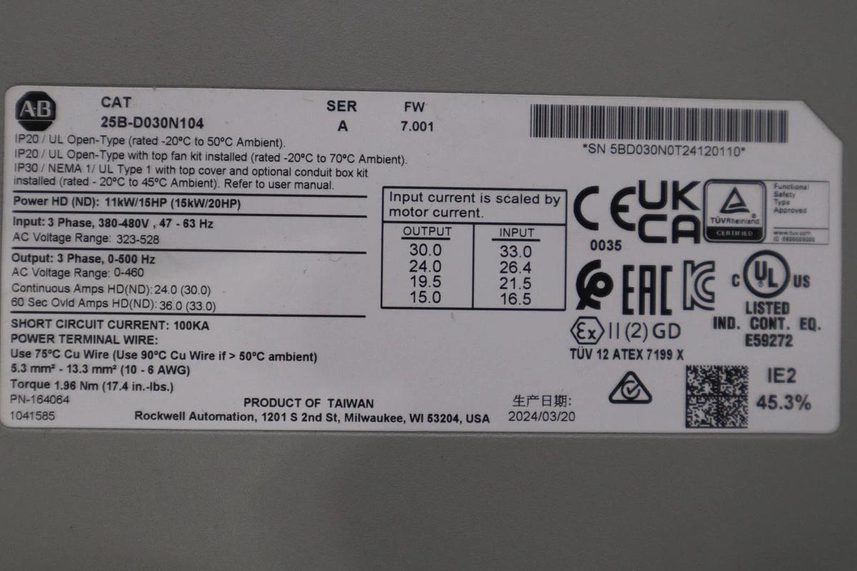 Allen-Bradley 25B-D030N104 PowerFlex 525 VFD 15kW 20Hp AC Drive 25BD030N104 NEW