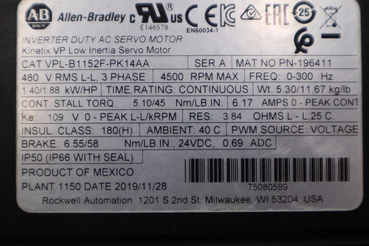 Used Allen Bradley VPL-B1152F-PK14AA Kinetix VP Low Inertia AC Servo Motor STK 3415-D
