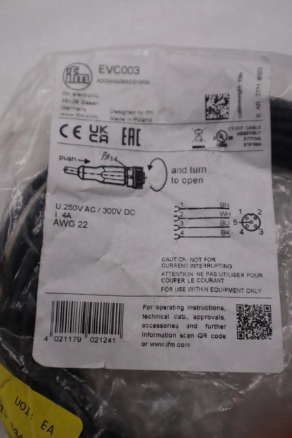 IFM EVC003 M12 Female Cordset Sensor Cable 250V AC STOCK H1726
