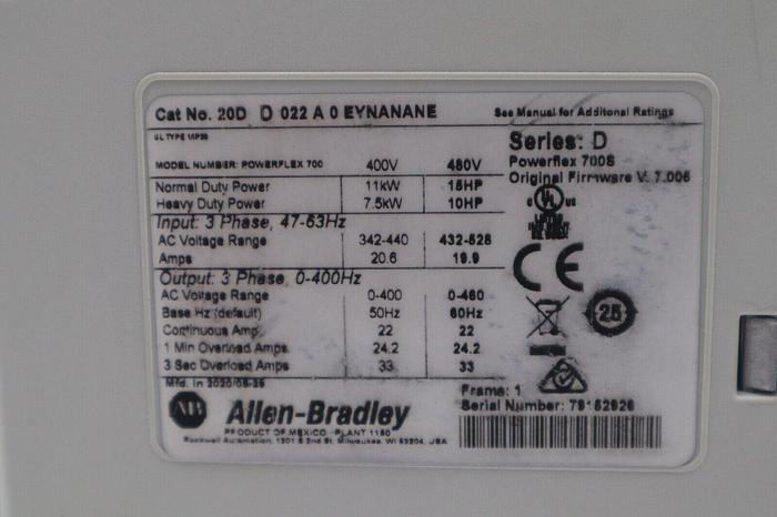 Used 2020 Allen Bradley PowerFlex 700S VFD 20DD022A0EYNANANE 15HP STOCK 2154
