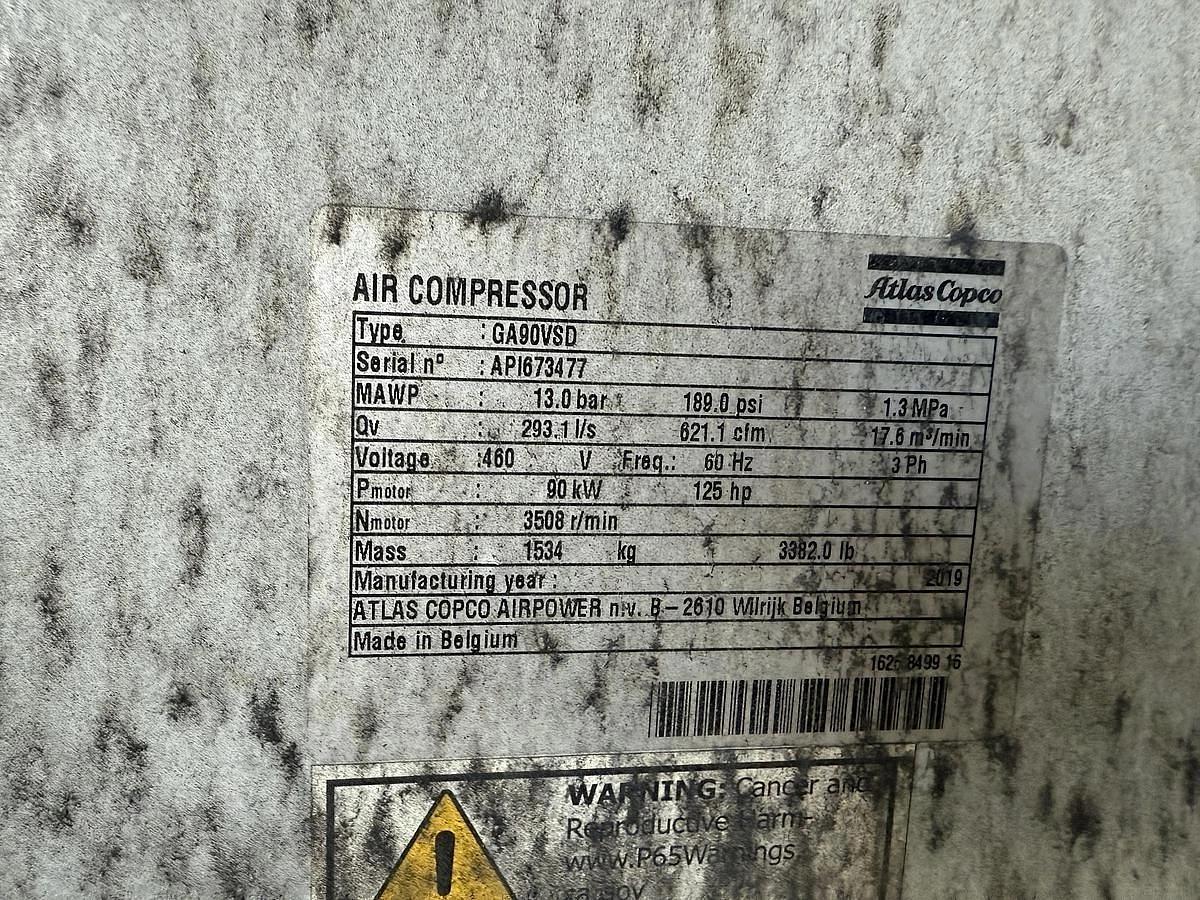 Used 125 HP ATLAS COPCO AIR COMPRESSOR MODEL GA90VSD MANUFACTURED 2019