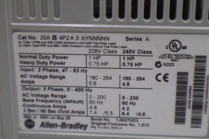 ALLEN BRADLEY DRIVE 20AB4P2A3AYNNNNN 1 HP POWERFLEX 70 VFD 240 V NEW STOCK K3311