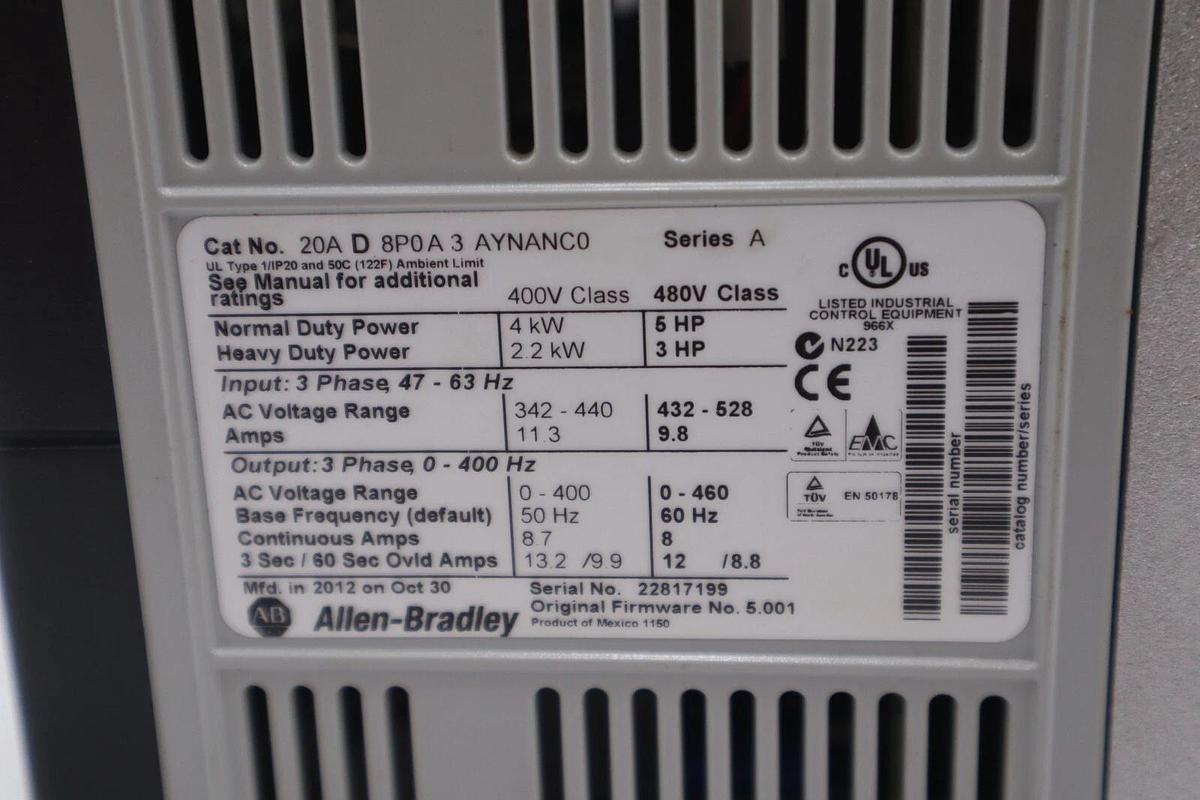 Used 20AD8P0A3AYNANC0 ALLEN BRADLEY POWERFLEX 70 5HP AC DRIVE 480 VOLT STOCK 3290