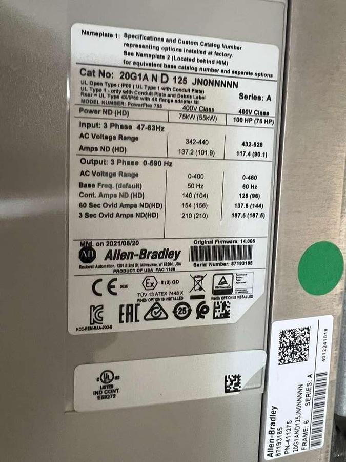 Used ALLEN BRADLEY Powerflex 755 20G1AND125JN0NNNNN 480V 100HP DRIVE VFD NEW #CC-07