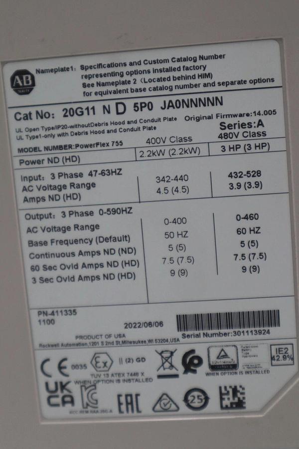 2022 Allen Bradley 20G11ND5P0JA0NNNNN PowerFlex 755 AC Drive Ser A 3HP STK 4425