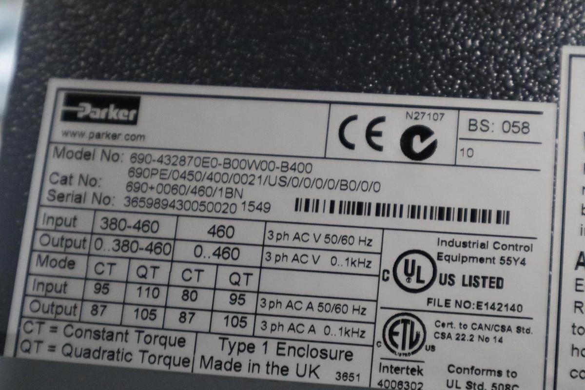 Used PARKER SSD DRIVES 690+0060/460/1BN 60 HP 380-460 VAC 690 SERIES - STOCK SGF-85
