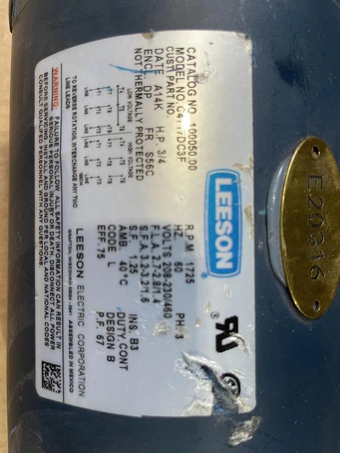 LEESON ELECTRIC MOTOR 100050.00 / 10005000 NEW OPEN BOX 3/4 HP FRAME S56C S-67