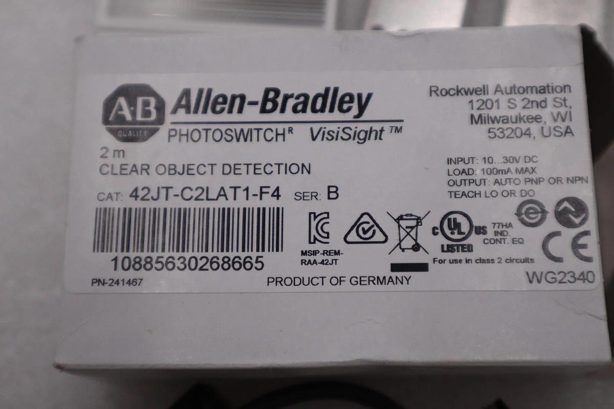 Used Allen Bradley 42JT-C2LAT1-F4 PHOTOELECTRIC SENSOR 42JT CLEAR OBJECT STOCK H1021A