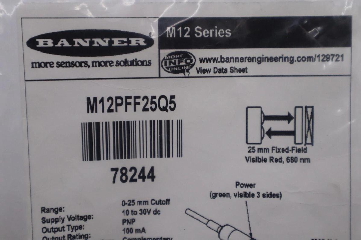 Banner M12PFF25Q5 Photoelectric Sensor 10-30 VDC NEW OPEN BOX STOCK L-205-C