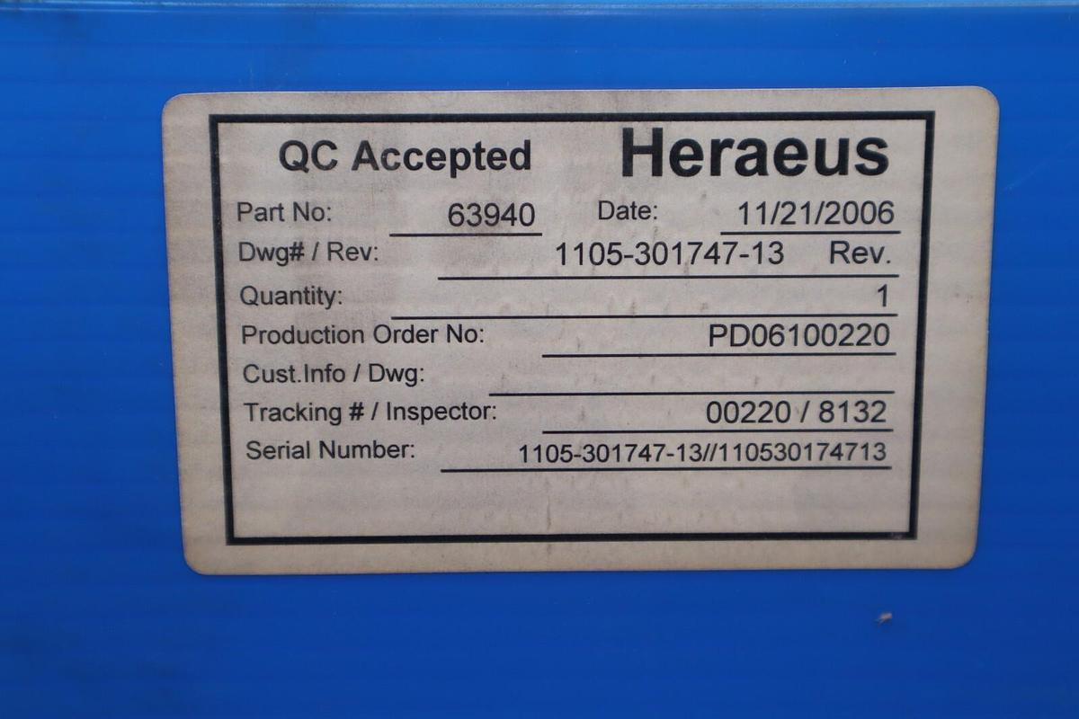 Used Heraeus Quartz Cup Cover PD06100220 63940 1105-301747-13 New Open-Box #2595