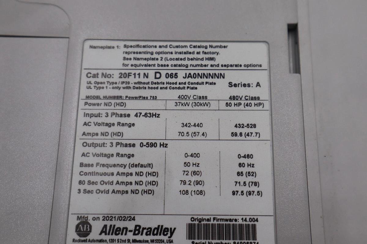Used Allen Bradley Powerflex753, 50HP,  MFG. 2021 CAT: 20F11ND065JA0NNNNN STOCK 2483